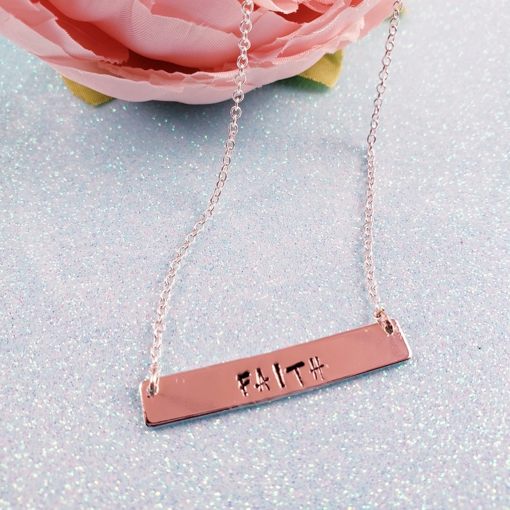 Faith bar necklace, silver plated bar, 18" chain